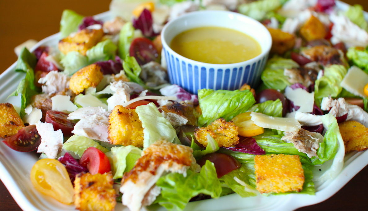 Chicken Caesar Salad with Polenta Croutons