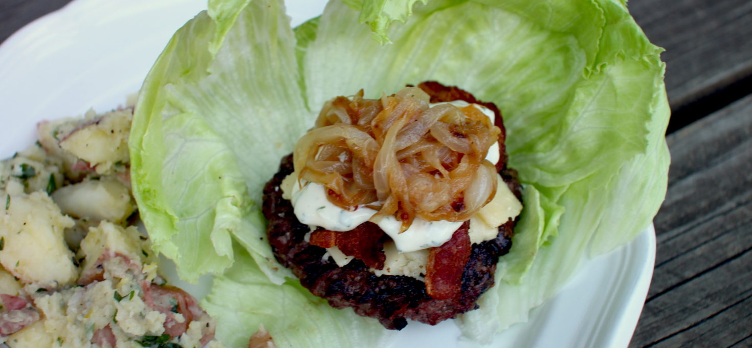 Bacon Cheeseburger with Caramelized Onions and Basil Aioli