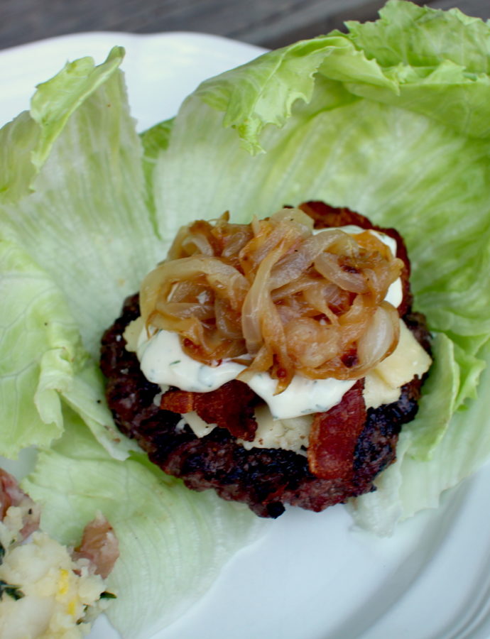 Bacon Cheeseburger with Caramelized Onions and Basil Aioli