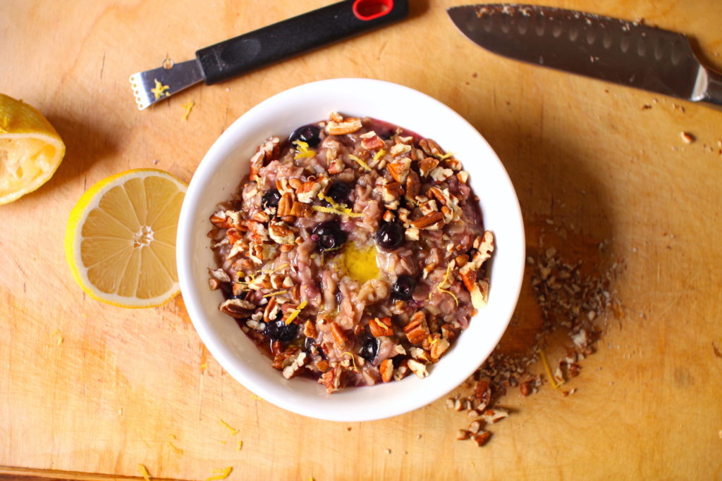 A bowl of blueberry muffin oatmeal