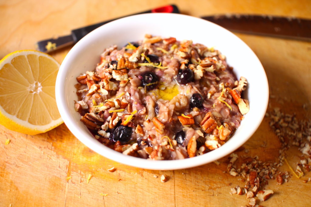 A bowl of blueberry muffin oatmeal